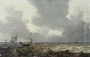 A Fishing Boat And A Rowing Boat In Choppy Waters, A Dutchthree-master In The Distance by Jan Porcellis