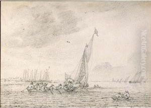 Rowing Boats And Sailing Vessels On A Wide Estuary by Jan Porcellis