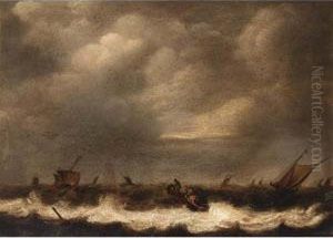 Several Ships In Stormy Seas And A Rowing Boat In The Centre by Jan Porcellis
