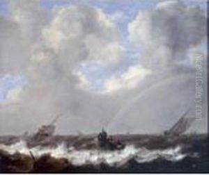 A Seascape With Fishermen In A
Rowboat And Other Sailing Vessels In A Choppy Sea, A Rainbow On The
Horizon by Jan Porcellis