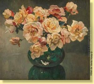Vase Fleuri De Roses by Oswald Poreau