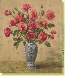 Vase Fleuri De Roses by Oswald Poreau