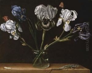 Irises In A Glass Jar, A Lizard And A Caterpillar On A Tabletop by Paolo Porpora