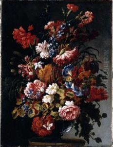 A Still Life Of Poppies, 
Convolvulus, Roses, Fritillaries, Nasturtiums And Jasmine In A Glass 
Vase, Resting On A Stone Ledge by Paolo Porpora