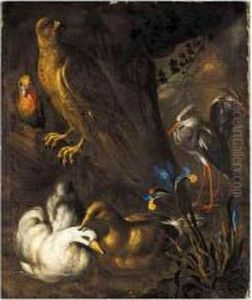 A Still Life With A Falcon, A Parrot, Storks And Duck In A Landscape