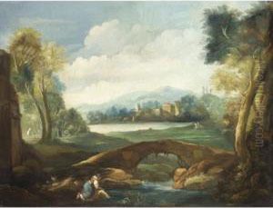 Paesaggio Con Contadina Che Lava Presso Un Fiume