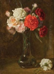 Carnations And Roses In A Glass Vase by Charles Ethan Porter