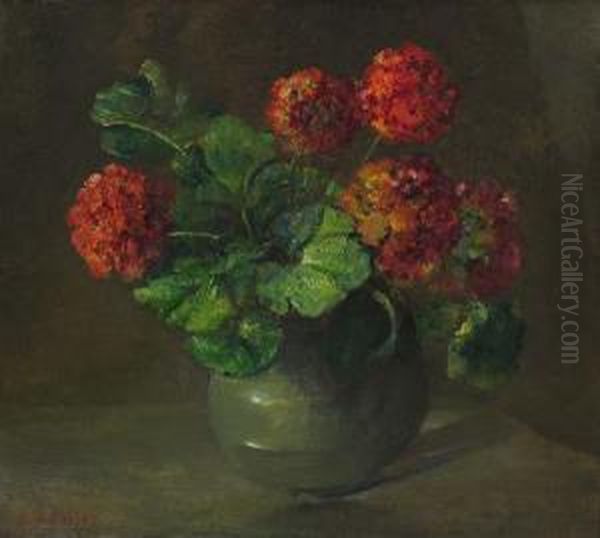 Geraniums In A Green Vase - view 1