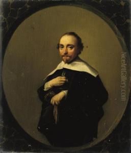 Portrait Of A Gentleman, 
Three-quarter-length, In A Black Costumewith A White Collar, Holding His
 Gloves, In A Painted Oval by Hendrick Gerritsz. Pot