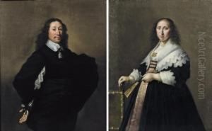 Portrait Of A Gentleman, 
Three-quarter-length, In A Black Costume With A White Chemise And 
Collar; And Portrait Of A Lady, Three-quarter-length, In A Pink 
Embroidered Dress And Black Coat With White Cuffs And Collar Standing By
 A Chair Holding A F