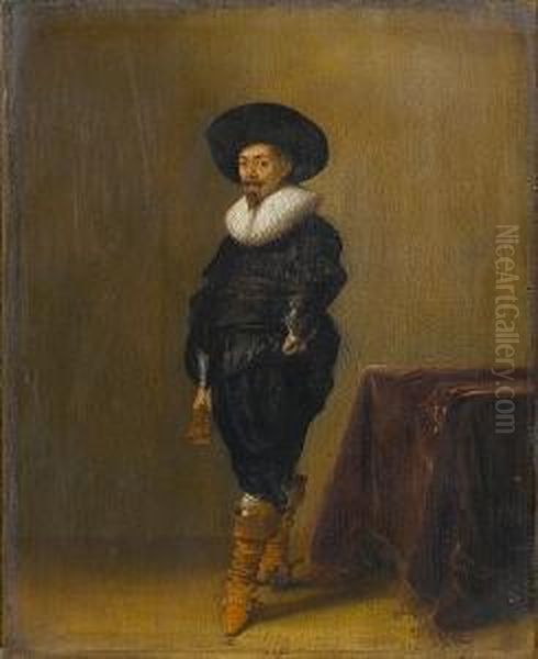 Portrait Of A Gentleman,
Standing Small-full-length, In Black Costume With A White Ruff And Black
Hat, Holding A Pair Of Gloves, Before A Draped Table - view 1
