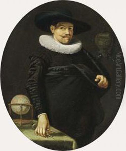 A Portrait Of A Geographer, Aged
34, Standing Three-quarter Length, Wearing A Black Satin Suit With A
White Lace Collar And A Black Hat, A Table With A Globe On The Left - view 1