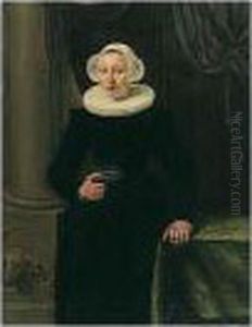 Portrait Of A Lady, Three 
Quarter Length, Standing Before A Draped Curtain By A Table And Holding A
 Book In Her Right Hand