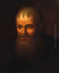 A bearded old man, head and shoulders in a black coat