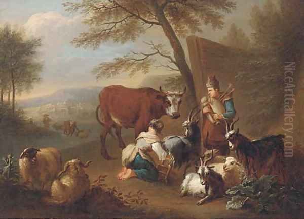An Italianate landscape with a shepherdess milking a goat, a man playing a doodlesack and a drover fording a river beyond - view 1