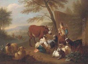 An Italianate landscape with a shepherdess milking a goat, a man playing a doodlesack and a drover fording a river beyond