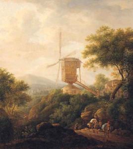 A landscape with a traveller and mules on a track by a windmill