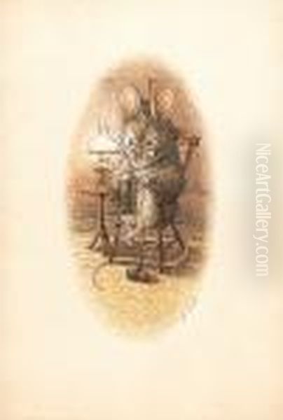 A Mouse Seated In An Armchair,
Knitting With Two Balls Of Wool, Beside A Table On Which Stands A Gas
Lamp - view 1