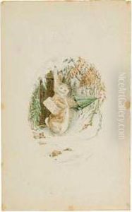 A Rabbit Stepping From His
Doorway Into The Snow, Basket On Arm, Beginning To Unfurl A Green
Umbrella. by Helen Beatrix Potter