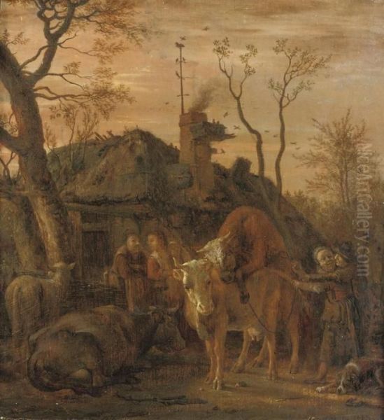 A Tethered Bull Covering A Cow In A Farmyard - view 1