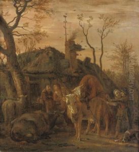 A Tethered Bull Covering A Cow In A Farmyard by Paulus Potter