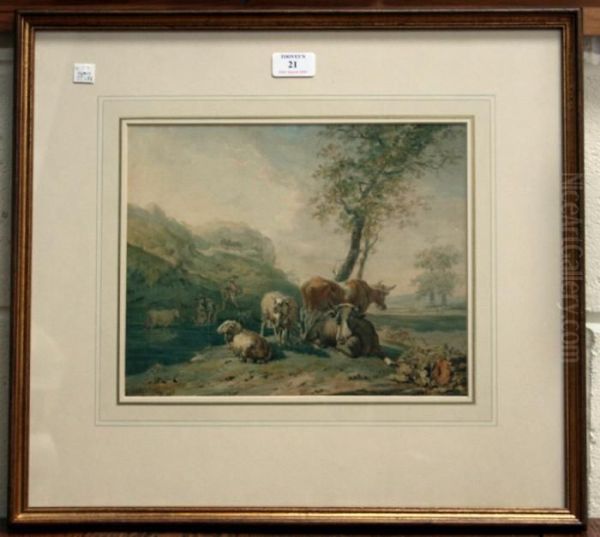 Cows And Sheep Near Figures And A Pool Of Water In A Landscape - view 1