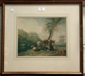 Cows And Sheep Near Figures And A Pool Of Water In A Landscape by Paulus Potter
