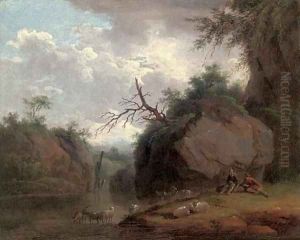 A wooded river landscape with shepherds and their flock