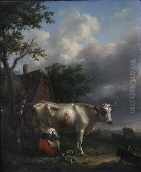Maid Milking A Cow With Man Looking On - view 1