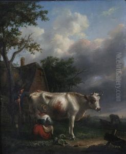 Maid Milking A Cow With Man Looking On by Paulus Potter