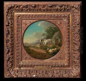 Copy After: Cattle By Small 
Farm, In The Background Mountains. Unsigned. Oil On Plate. Diam. 18,5 Cm
