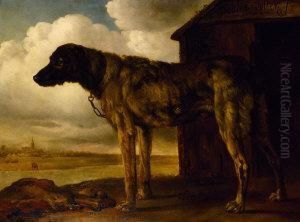 An Elk Hound By A River With A Town On The Opposite Bank by Paulus Potter
