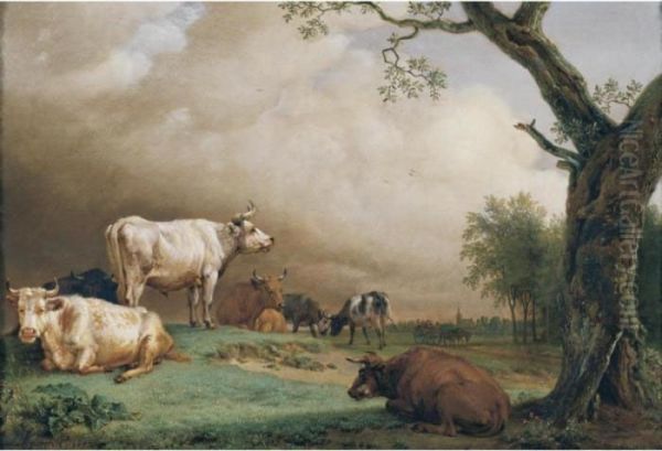 Cattle In A Field, With 
Travellers In A Wagon On A Track Beyond And A Church Tower In The 
Distance, A Rain Storm Approaching - view 1