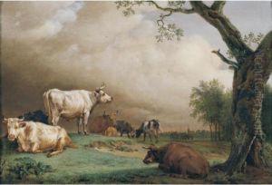 Cattle In A Field, With 
Travellers In A Wagon On A Track Beyond And A Church Tower In The 
Distance, A Rain Storm Approaching