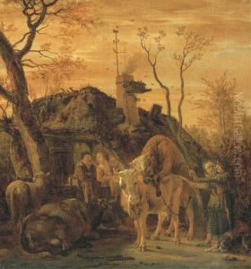 A Tethered Bull Covering A Cow In A Farmyard by Paulus Potter