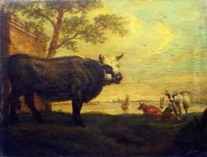 Schwarzer Stier Und Kuhe Auf Der Weide, Am Horizont Eine Stadtsilhouette by Paulus Potter