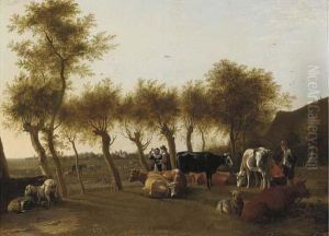 A Landscape With A Milkmaid And A
 Herder With Cows And Sheep, An Elegant Couple On A Tree-lined Path 
Beyond