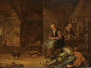 A Barn Interior With A Woman
Peeling Onions And Another Woman Cleaning, A Still Life Of Pots, A
Copper Jug And Plates, Cabbages, Onions And Fish In The Foreground, A
Dog To The Left by Pieter Symonsz Potter