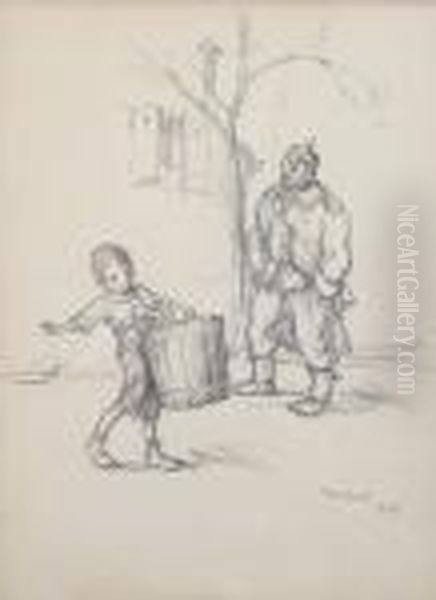 A Study Of A Boy Carrying A Bucket With A Soldier Looking On - view 1