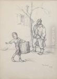 A Study Of A Boy Carrying A Bucket With A Soldier Looking On by Francisque Poulbot
