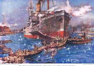 The Landing of troops from the River Clyde at V Beach Galipolli Peninsula by Charles Edward Dixon