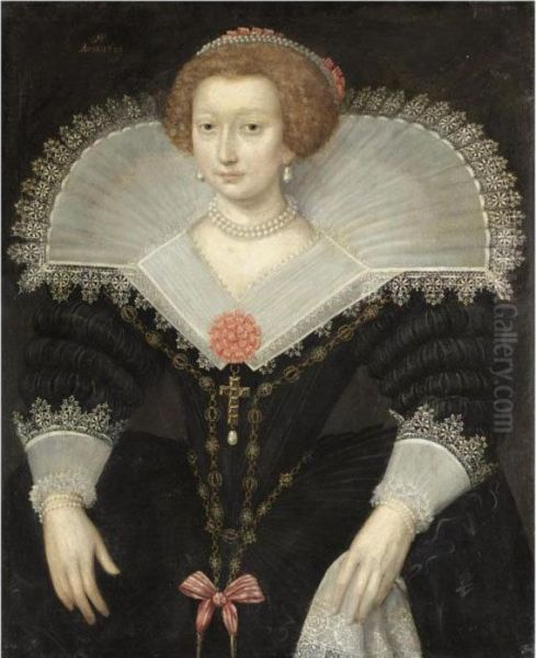A Portrait Of A Lady, Three-quarter Length, Wearing A Black Dressand White Lace Collar - view 1