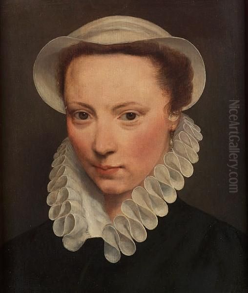 Portrait Of A Young Lady, Head And Shoulders, In Black Costume With A Ruff And A Cap - view 1