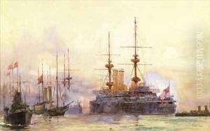 The Prince George at Spithead The Naval Requiem of Queen Victoria by Charles Edward Dixon