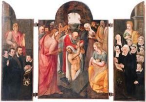 A Triptych: The Raising Of
Lazarus On The Central Compartment Witha Kneeling Male Donor, Presented
By Saint Jacob And Accompanied Byhis Sons On The Left Wing, His Wife,
Kneeling, Presented By Saintcatherine And Accompanied By Her Daughters
On The A Triptych: The Raising Of
Lazarus On The Central Compartment Witha Kneeling Male Donor, Presented
By Saint Jacob And Accompanied Byhis Sons On The Left Wing, His Wife,
Kneeling, Presented By Saintcatherine And Accompanied By Her Daughters
On The