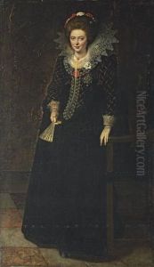 Portrait Of A Lady, Full-length, In A Black Dress With A Jewelled Brooch, Holding A Fan by Frans Pourbus the younger