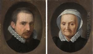Portrait Of A Gentleman,
Bust-length, In A Black Doublet And Whiteruff, In A Feigned Oval; And
Portrait Of A Lady, Bust Length, In Ablack Dress And White Ruff And Cap,
In A Feigned Oval by Frans Pourbus the younger