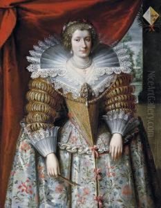 Portrait Of A Noblewoman,
Three-quarter-length, In A Richly Gold-embroidered Dress And A Jewelled
Brooch, A Garden Beyond by Frans Pourbus the younger