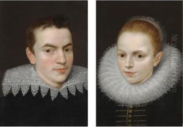 Portrait Of A Young Gentleman,
Head And Shoulders, Wearing Black With An Elborate Ruff; Portrait Of A
Young Lady, Head And Shoulders, Wearing A Black Dress With An Elborate
Ruff - view 1