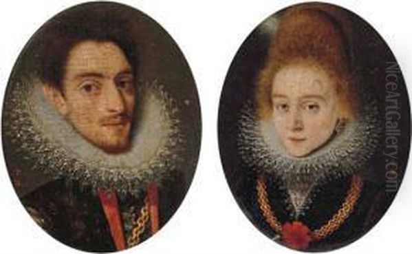 Portrait Of A Gentleman,
Bust-length, In A Black Doublet With A Lace Ruff, And Wearing A Gold
Chain; And Portrait Of A Lady, Bust-length, In A Black Dress With A Lace
Trimmed Collar And Ruff And A Gold Chain With A Red Rosette - view 1
